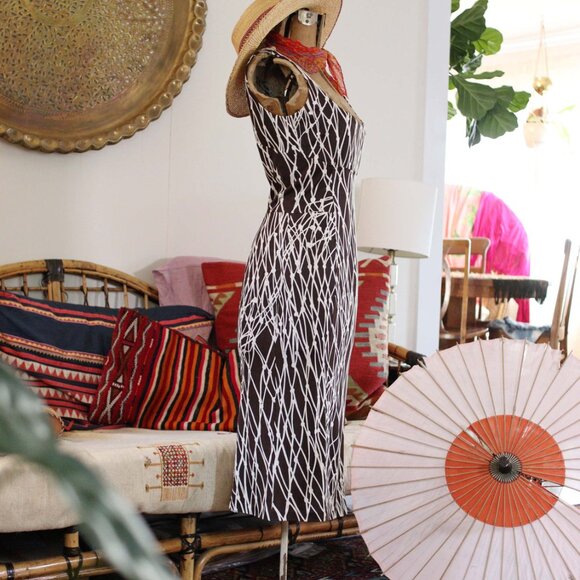 Y2K DVF Abstract fishnet print brown and white silk jersey scoop back dress - Picture 6 of 9